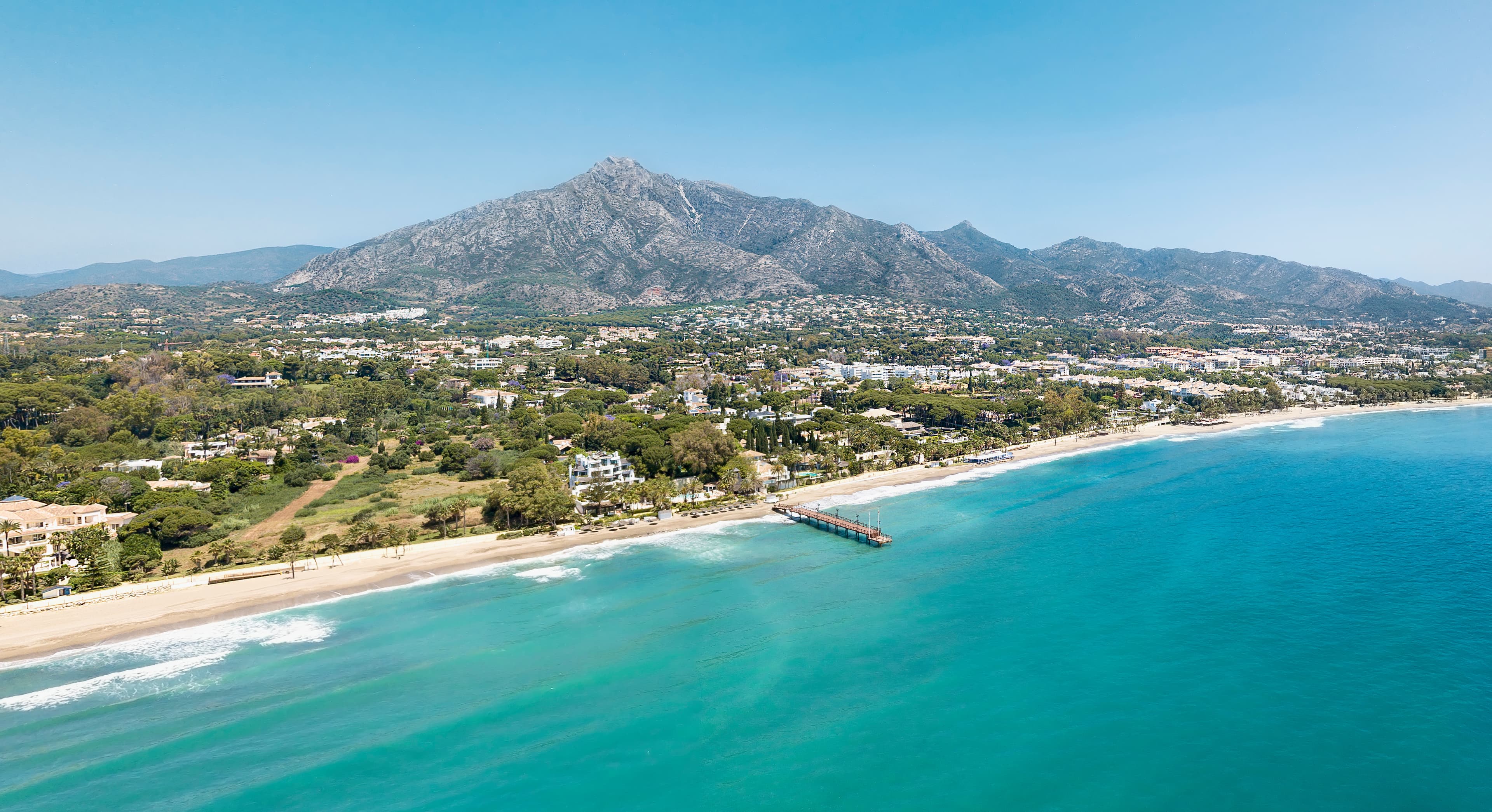 Aerial view of Marbella's Golden Mile with La Concha mountain